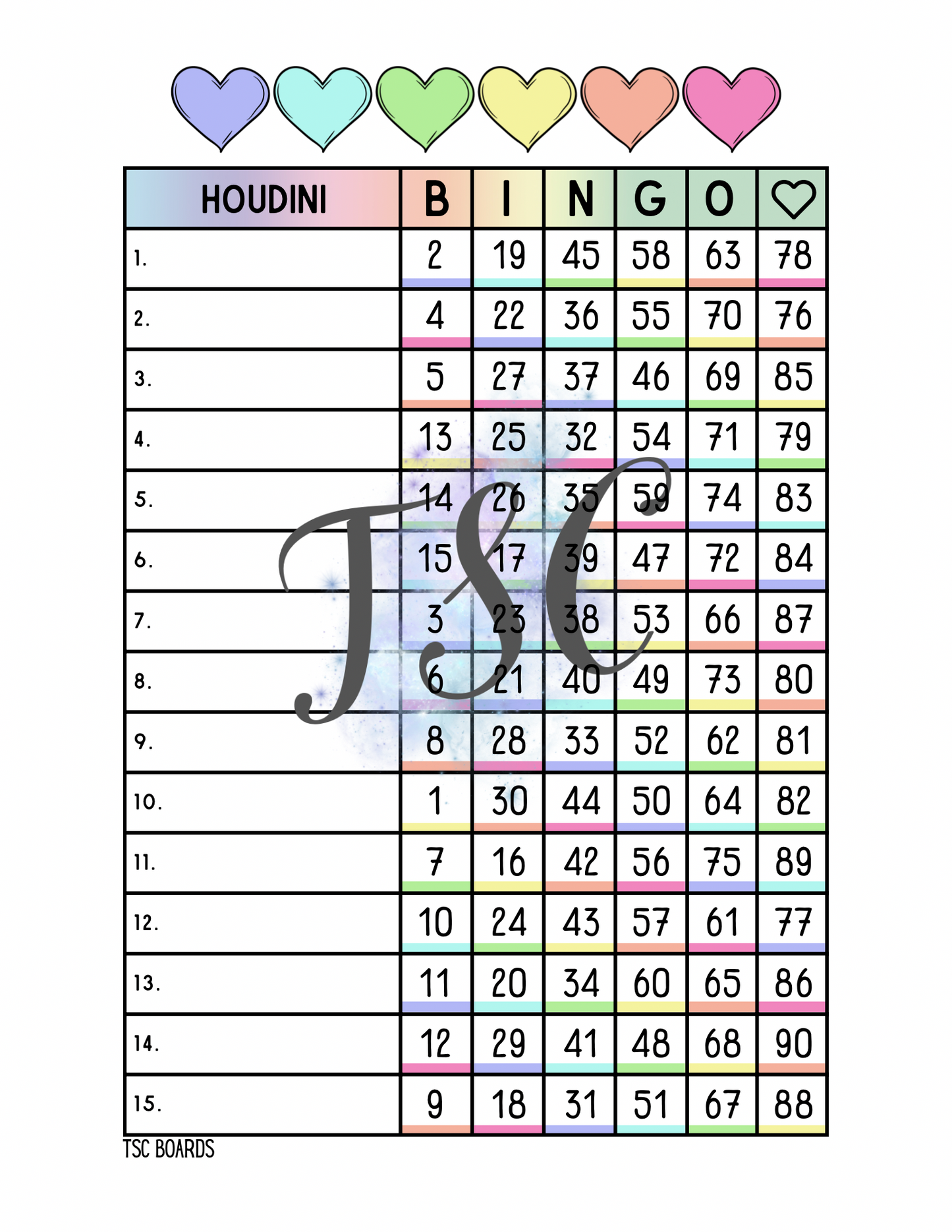 Houdini Rainbow Bingo Board 1-90 Ball