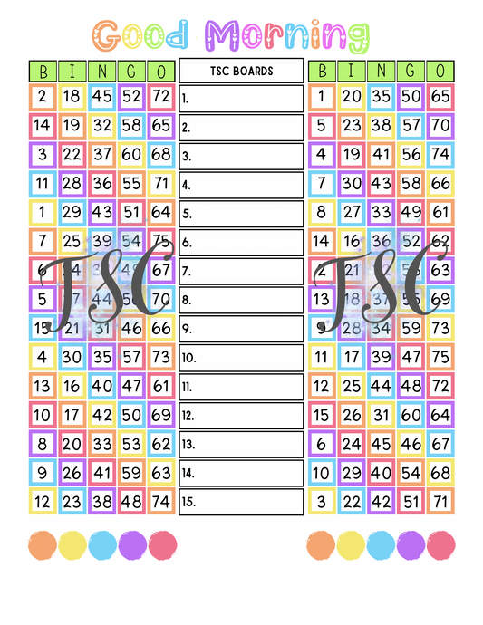 Good Morning Double Page Bingo Board 1-75 Ball