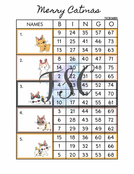 Merry Catmas Block Bingo Board 1-75 Ball