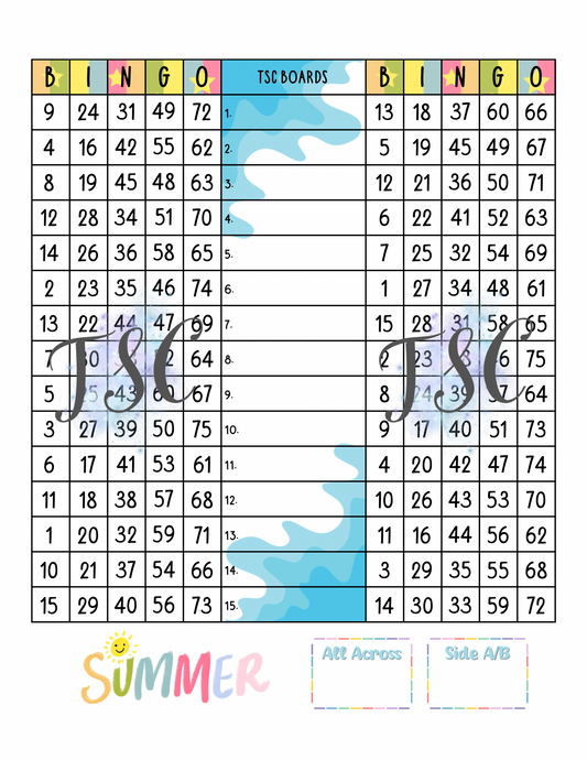 Summer Double Page Bingo Board 1-75 Ball