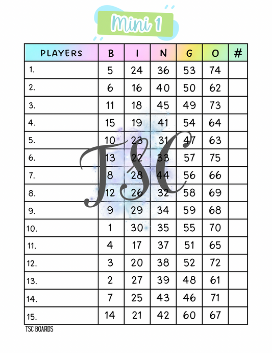 Pastel Mini 1 Bingo Board 1-75 Ball