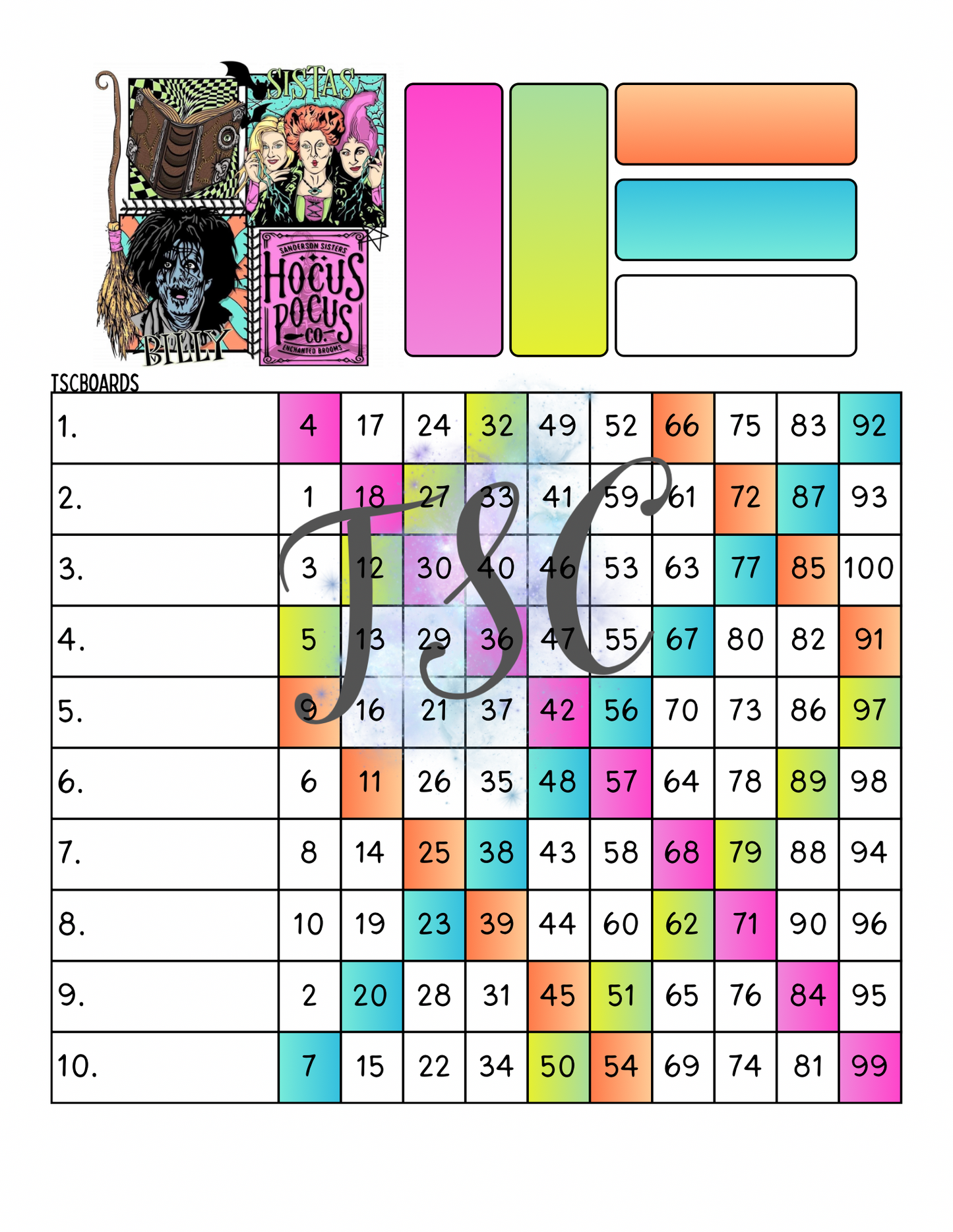 Hocus Pocus Neon Bingo Board 1-100 Ball