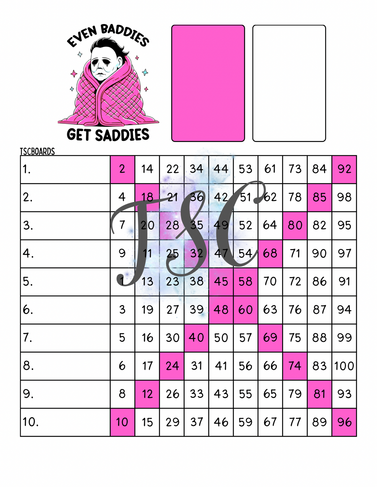 Even Baddies Get Saddies Bingo Board 1-100 Ball