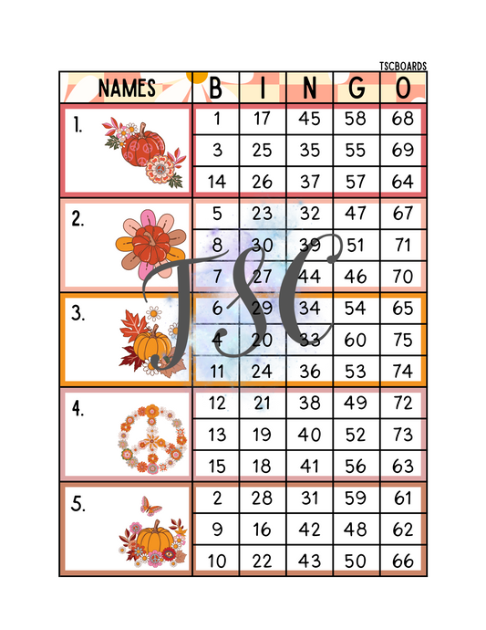 Retro Pumpkins Block Bingo Board 1-75 Ball