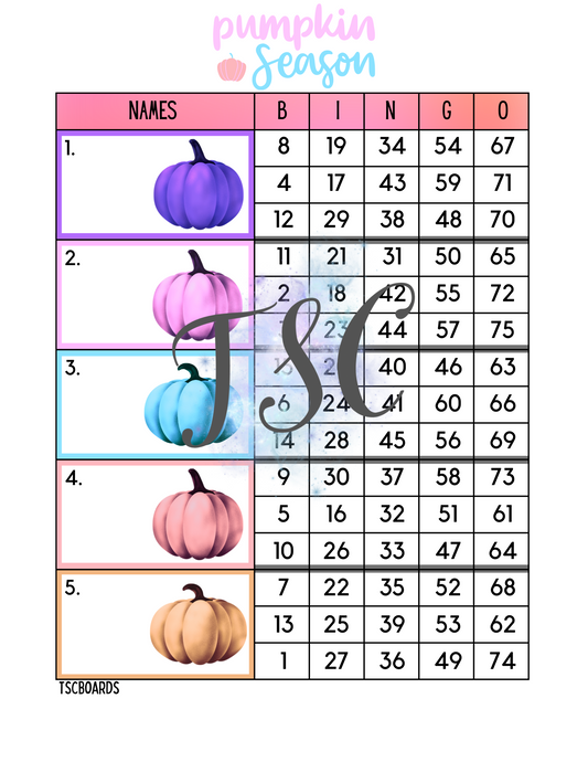 Pumpkin Season Block Bingo Board 1-75 Ball