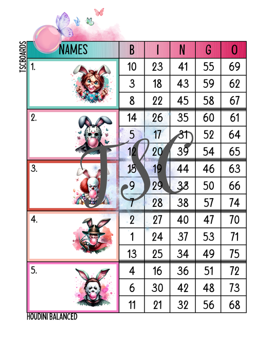 Horror Easter Bunny Block Bingo Board 1-75 Ba