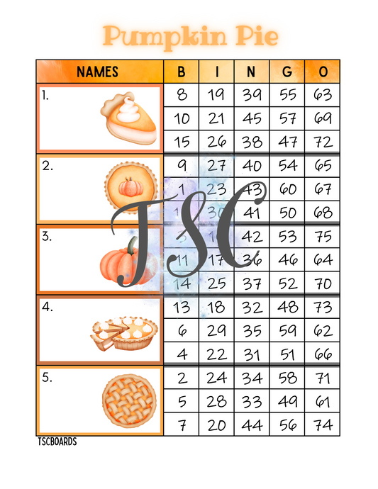 Pumpkin Pie Block Bingo Board 1-75 Ball