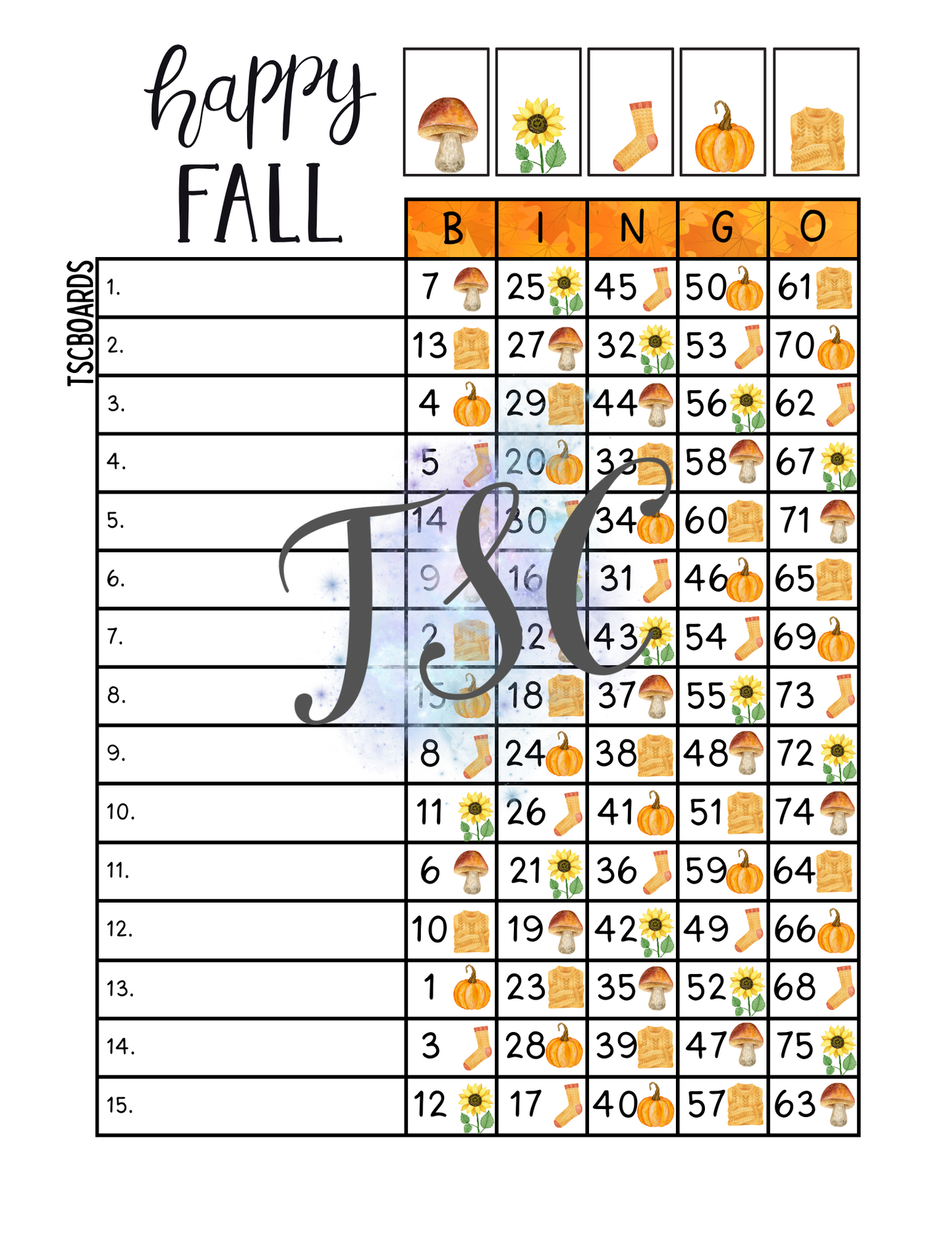 Happy Fall Bingo Board 1-75 Ball
