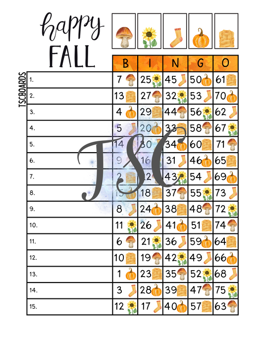Happy Fall Bingo Board 1-75 Ball