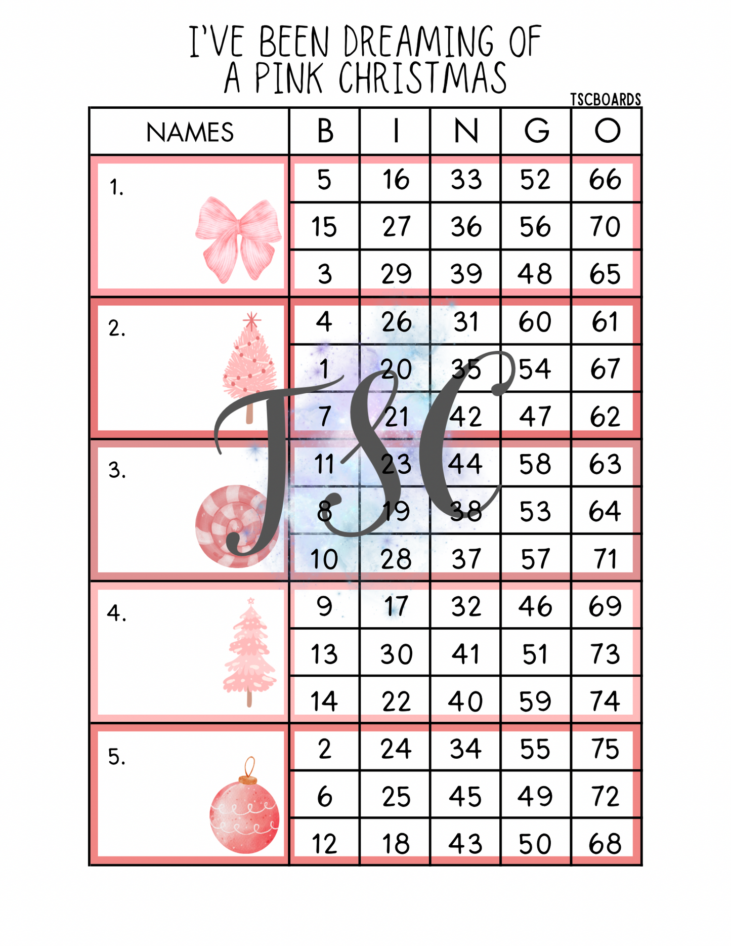 I’ve Been Dreaming Of A Pink Christmas Block Bingo Board 1-75 Ball