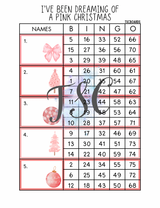 I’ve Been Dreaming Of A Pink Christmas Block Bingo Board 1-75 Ball