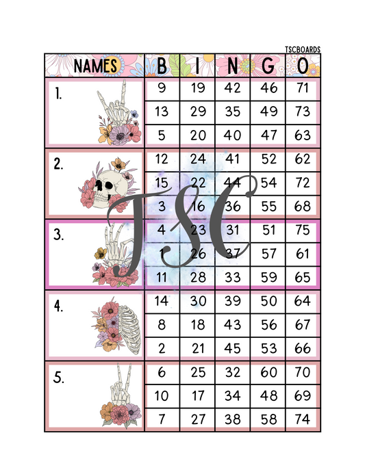 Floral Skeleton Block Bingo Board 1-75 Ball
