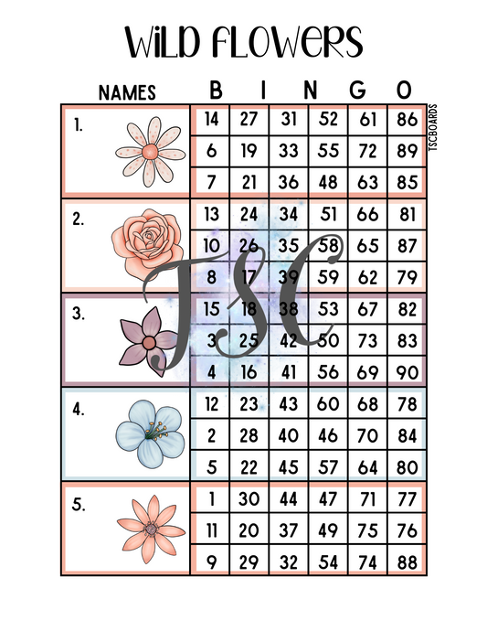 Wild Flowers Block Bingo Board 1-90 Ball