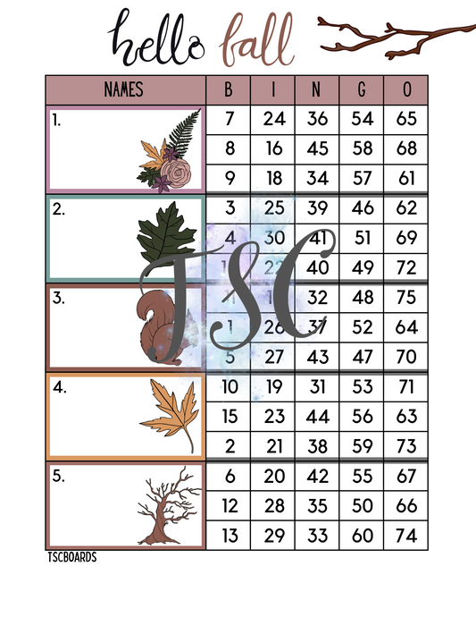 Hello Fall Bingo Board 1-75 Ball