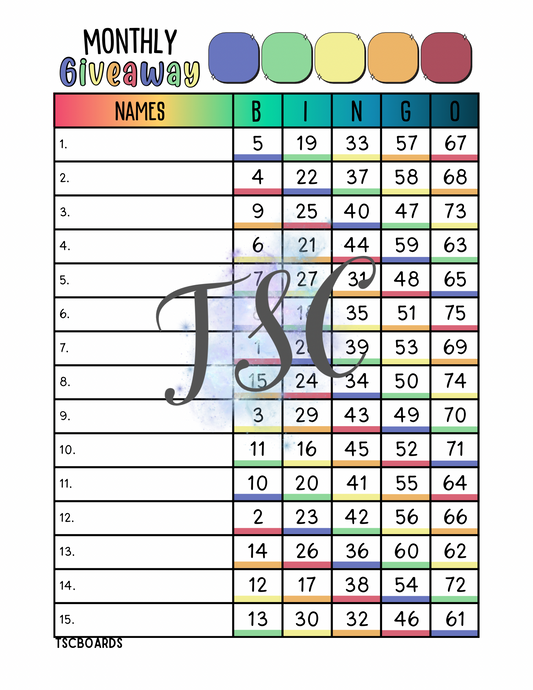 Monthly Giveaway Bingo Board 1-75 Ball