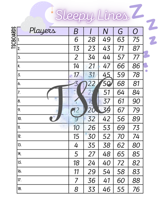 Sleepylines Bingo Board 1-90 Ball