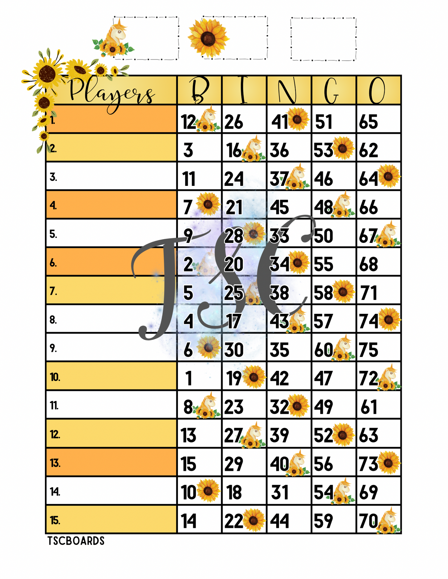 Unicorn Sunflower Bingo Board 1-75 Ball 1-15 Line