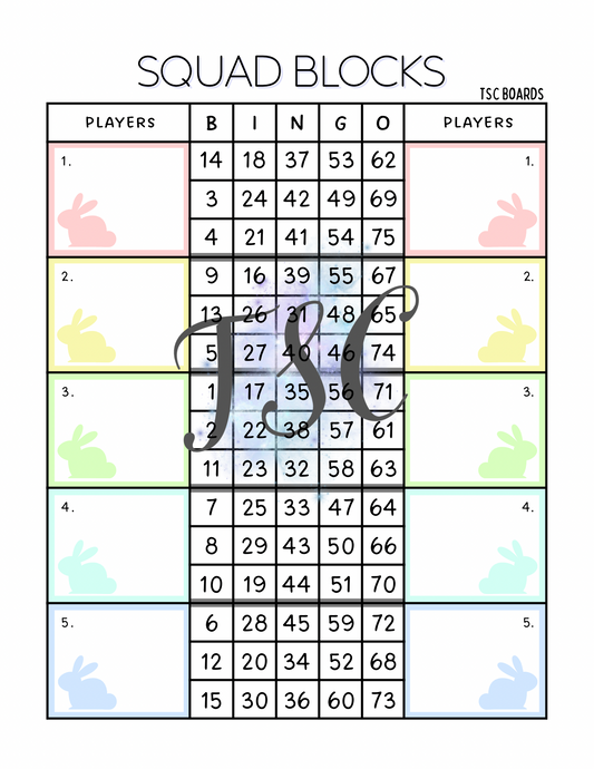 Double Blocks Bunny Bingo Board 1-75 Ball