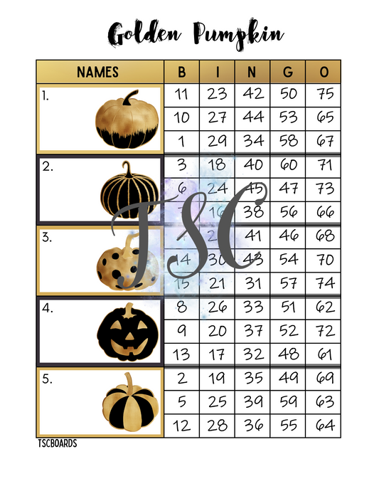 Golden Pumpkin Block Bingo Board 1-75 Ball