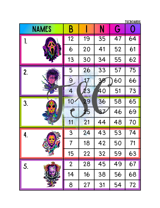 Horror Block Bingo Board 1-75 Ball