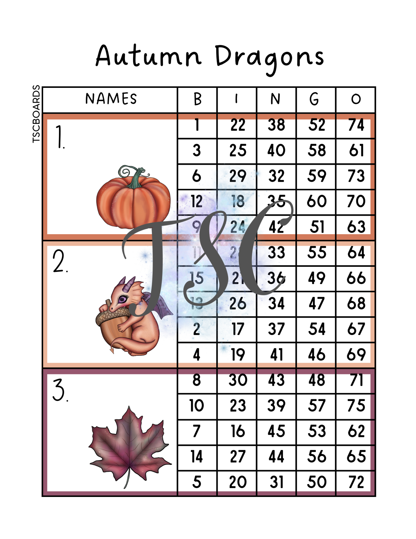 Autumn Dragons Mega Block Bingo Board 1-75 Ball