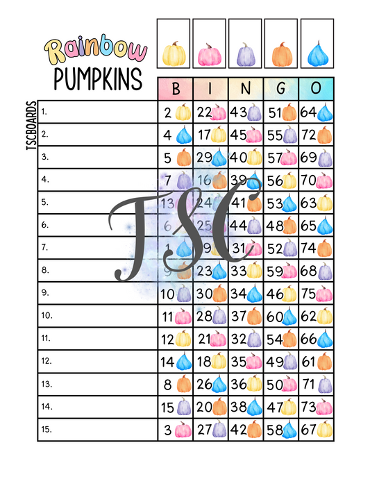 Rainbow Pumpkins Block Bingo Board 1-75 Ball