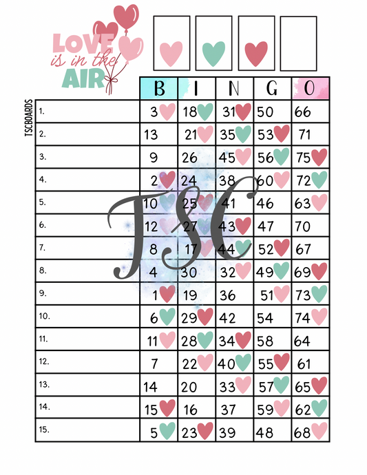 Love Is In The Air Bingo Board 1-75 Ball