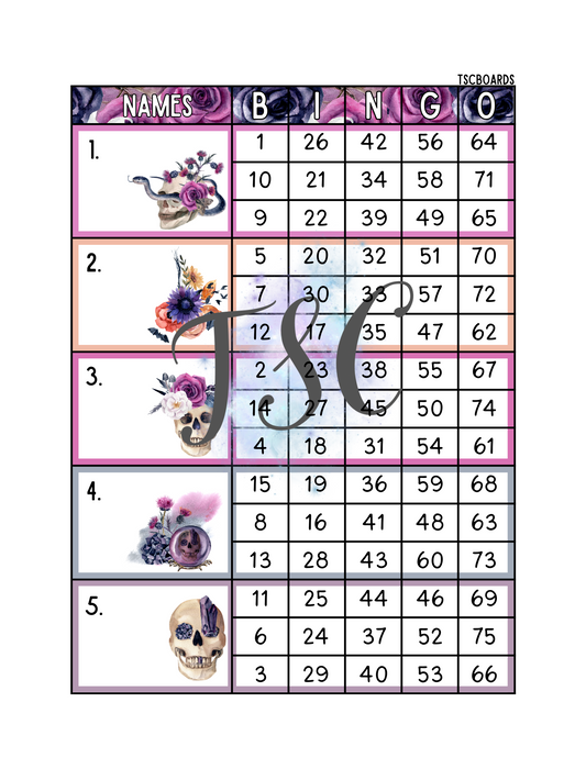 Purple Skulls Block Bingo Board 1-75 Ball