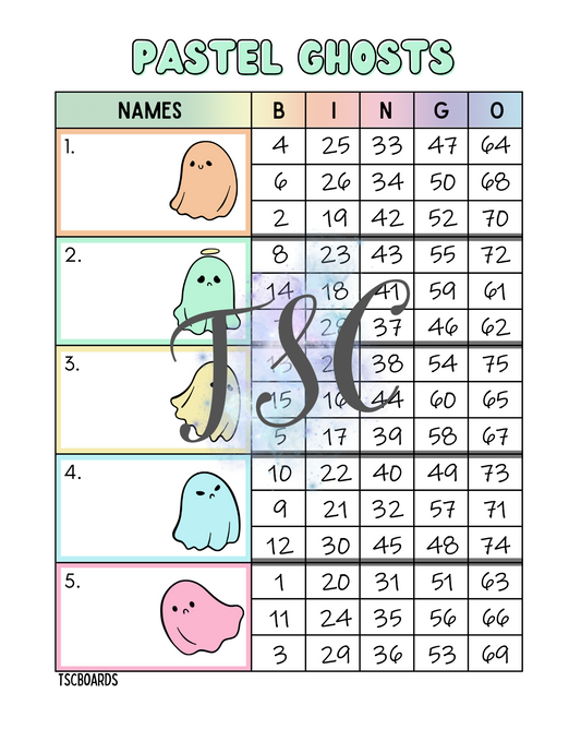 Pastel Ghosts Block Bingo Board 1-75 Ball