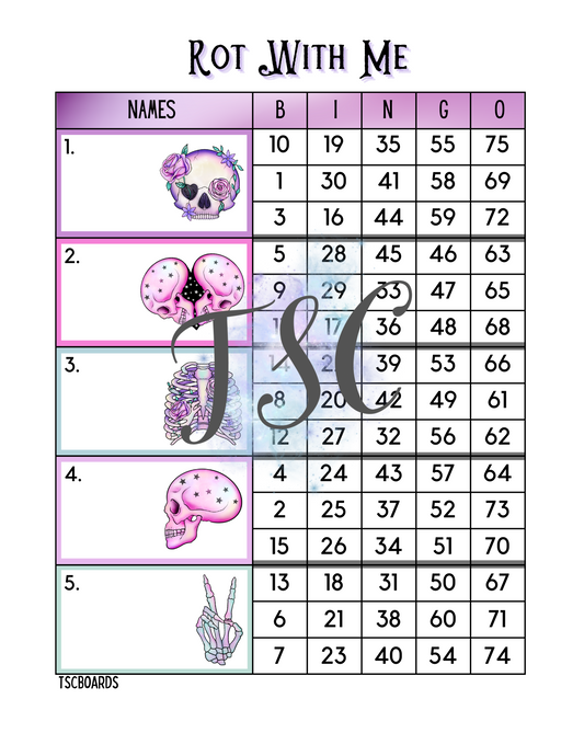 Rot With Me Block Bingo Board 1-75 Ball