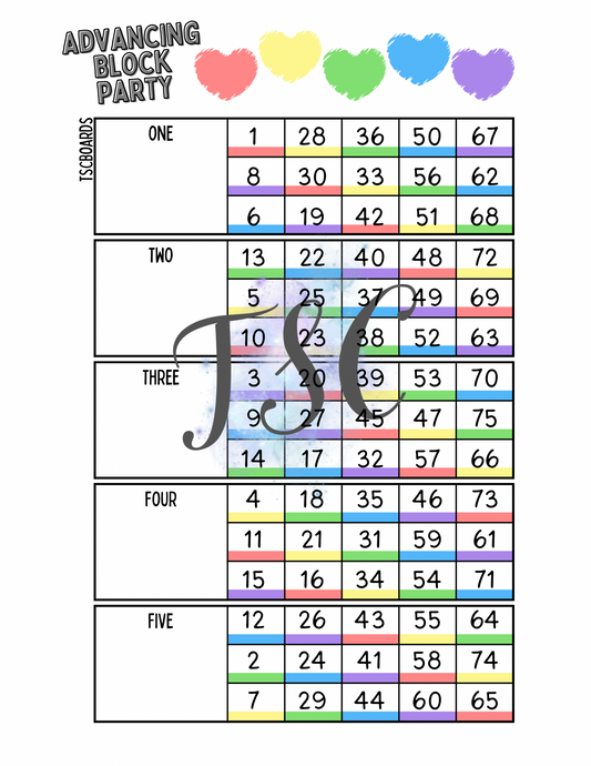 Advancing Block Party Main Bingo Board 1-75 Ball
