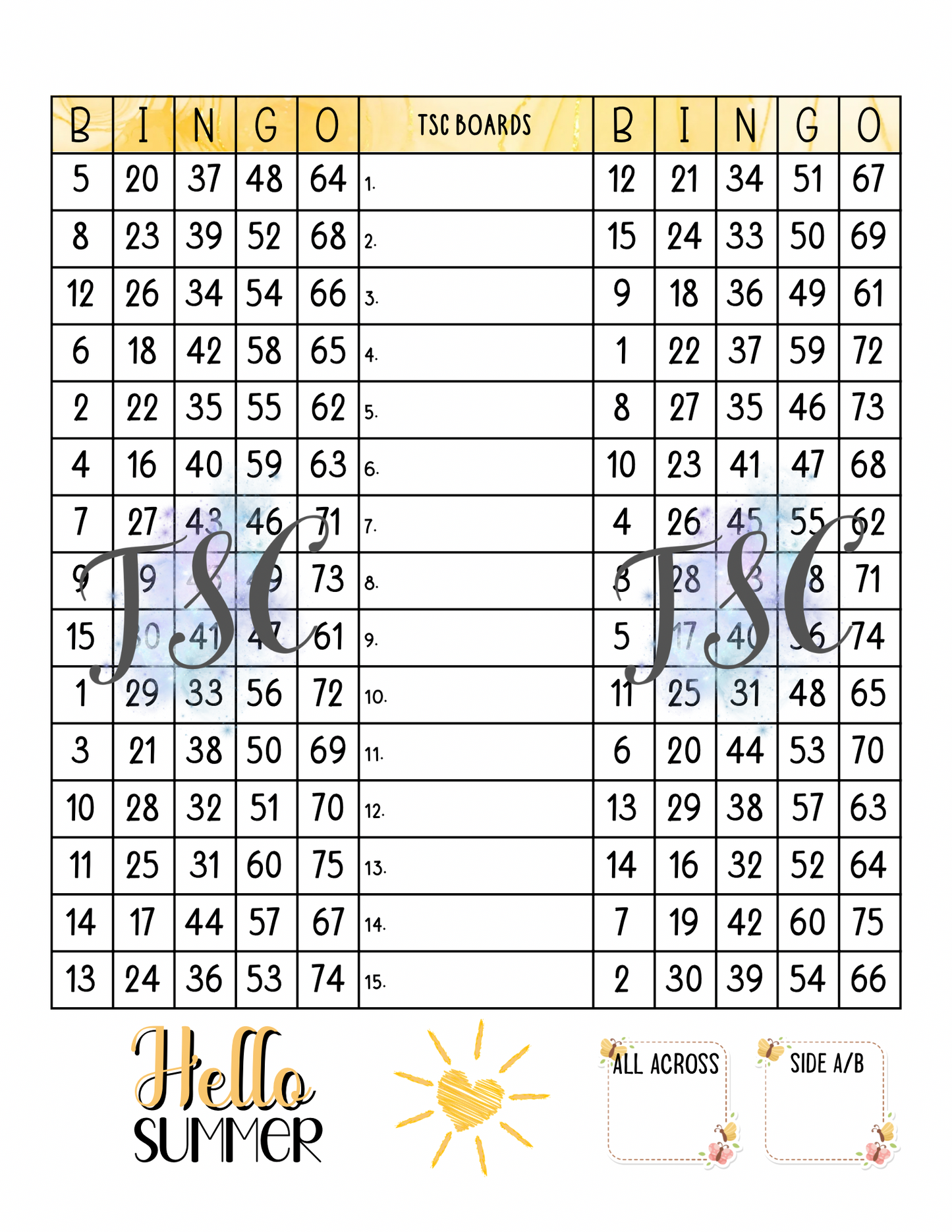 Hello Summer Double Page Bingo Board 1-75 Ball