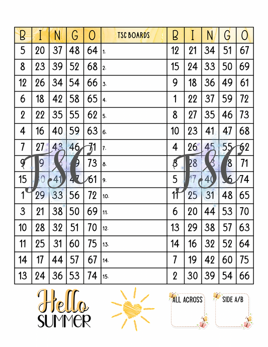Hello Summer Double Page Bingo Board 1-75 Ball