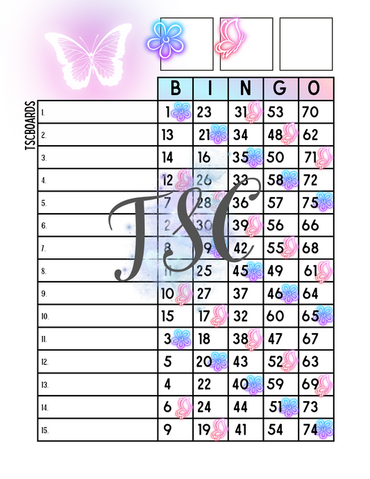 Neon Butterfly Bingo Board 1-75 Ball
