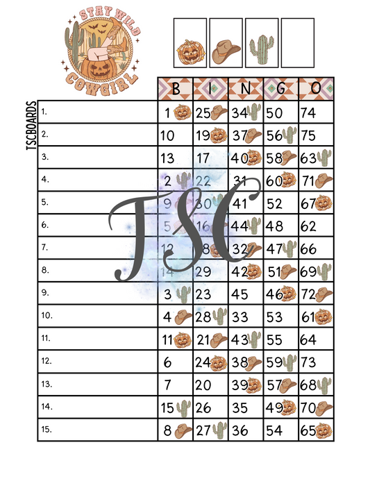 Stay Wild Cowgirl Bingo Board 1-75 Ball