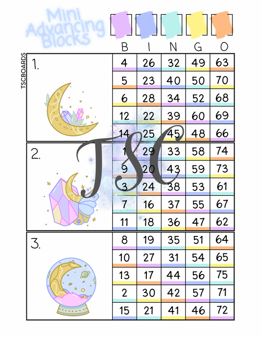 Moon Advancing Rainbow Blocks Bingo Board Main 1-75 Ball