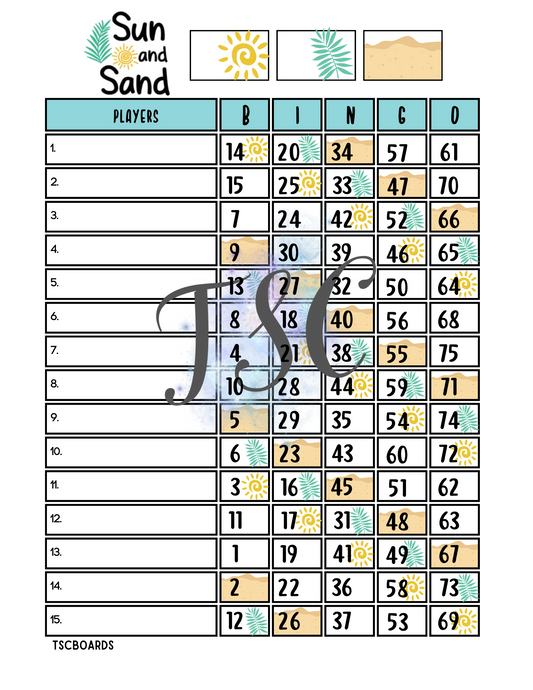 Sun and Sand Bingo Board 1-75 Ball