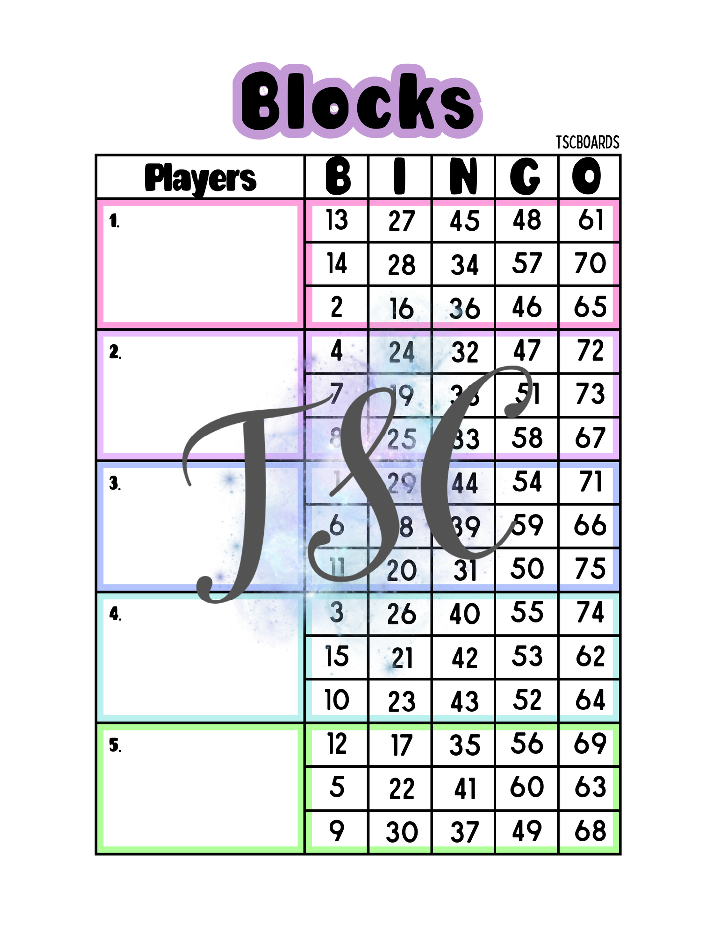 Rainbow Block Bingo Board 1-75 Ball
