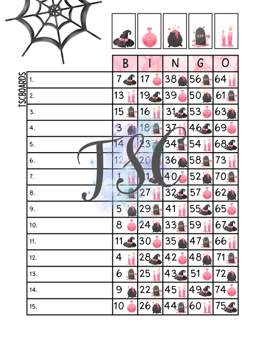 Pink Witch Bingo Board 1-75 Ball