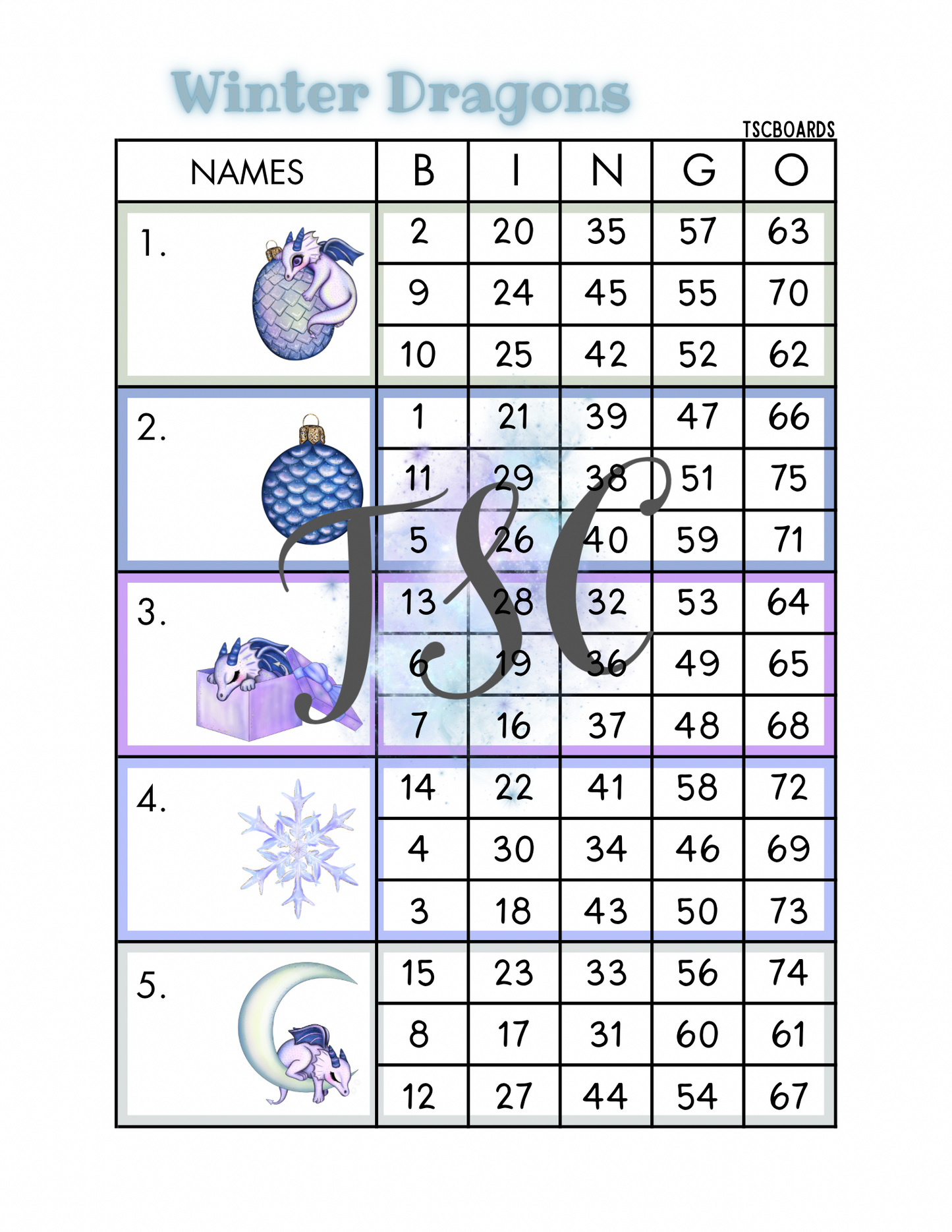 Winter Dragons Block Bingo Board 1-75 Ball