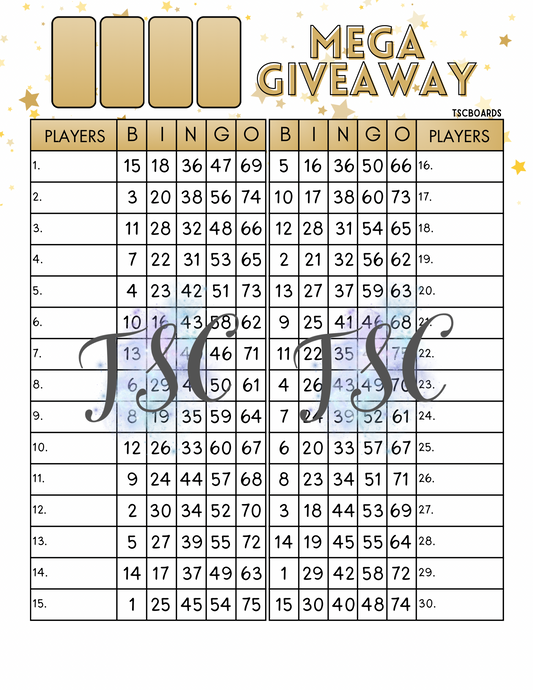 Mega Giveaway Gold Bingo Board 1-75 Ball