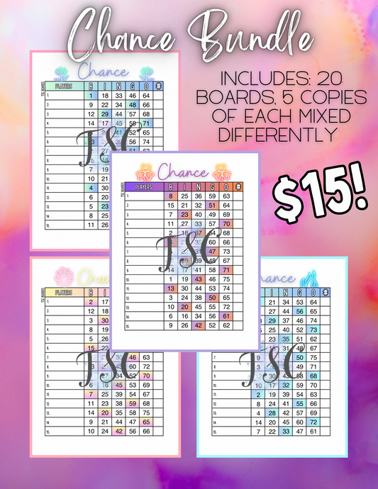 Chance Bundle - 20 Mixed Bingo Boards 1-75 Ball 1-15 Line