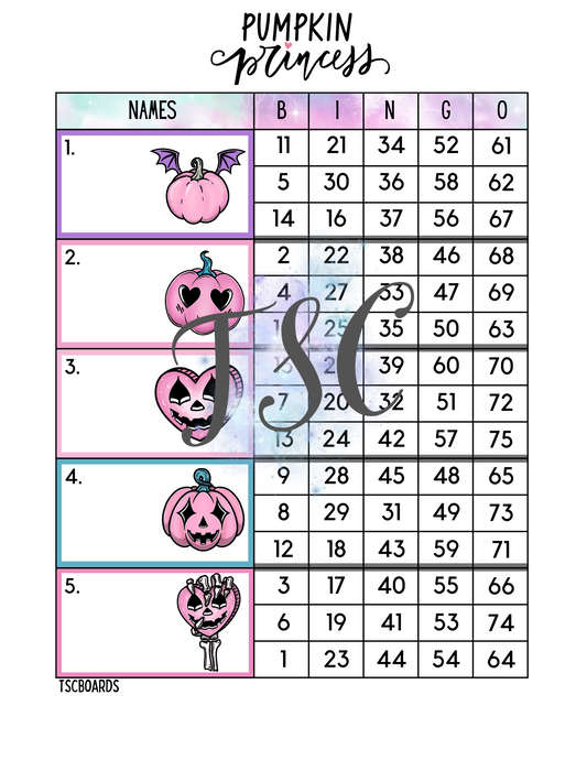 Pumpkin Princess Block Bingo Board 1-75 Ball