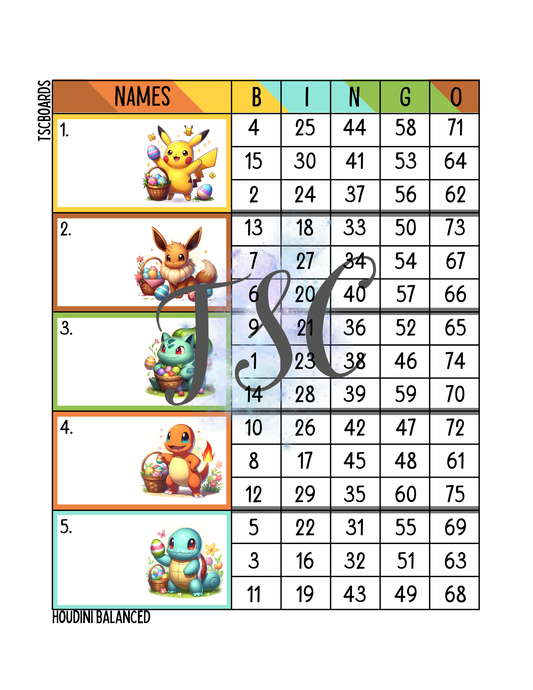 Easter Pokemon Block Bingo Board 1-75 Ball