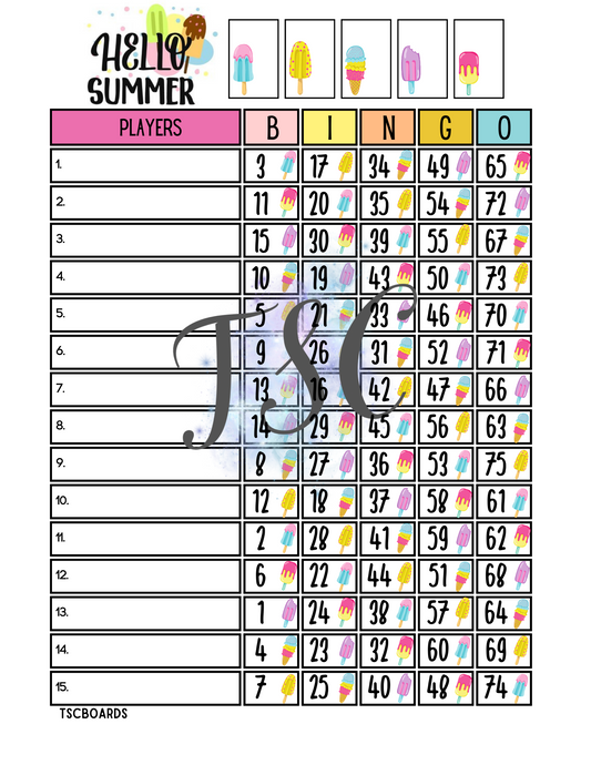Hello Summer Bingo Board 1-75 Ball
