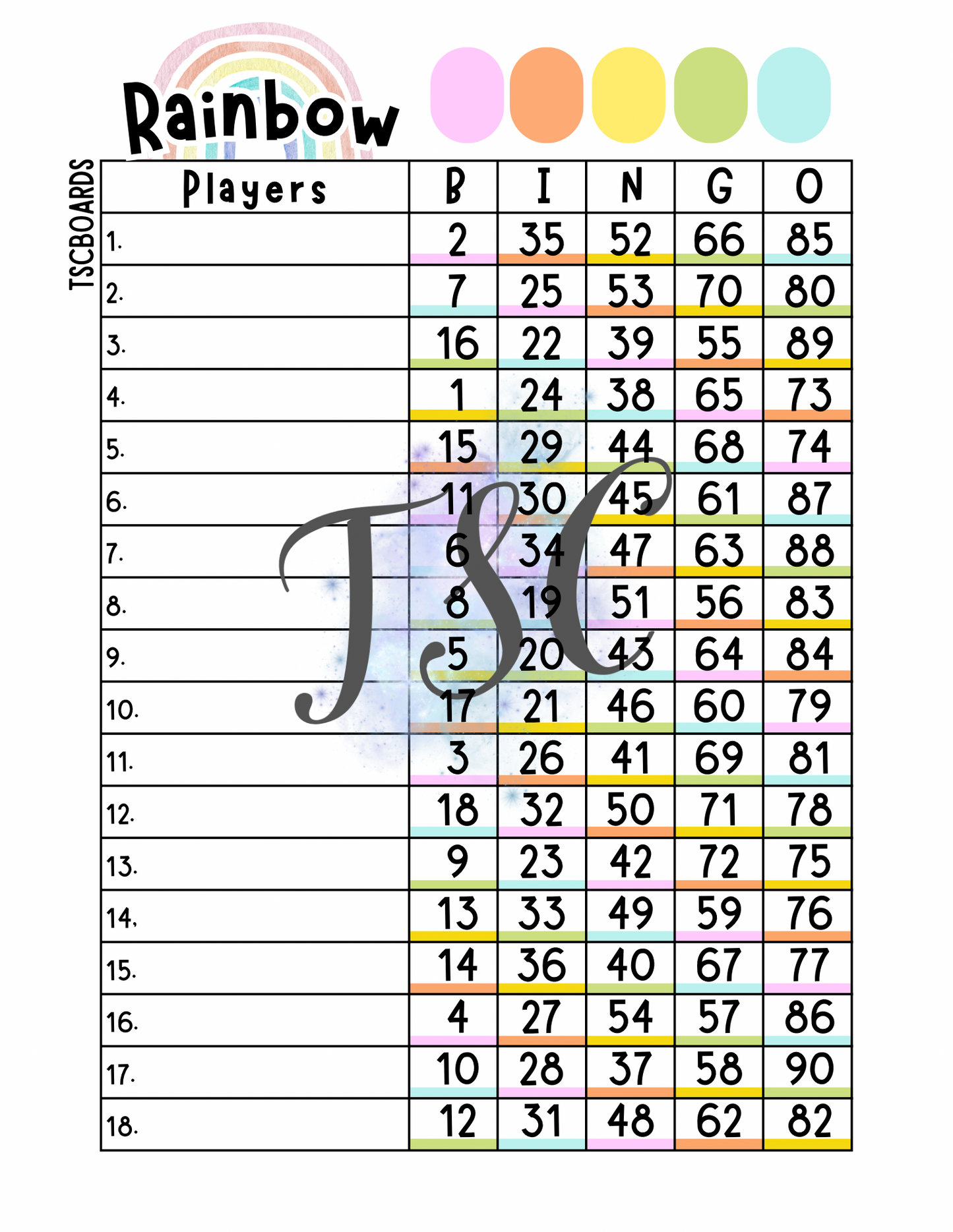 Rainbow Bingo Board 1-18 Line 1-90 Ball