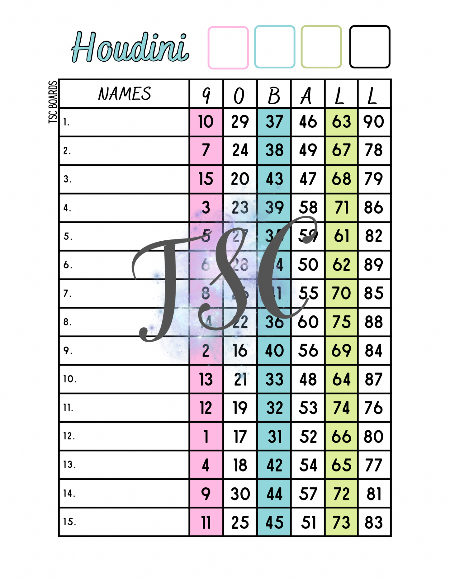 Houdini Bingo Board 1-90 Ball 1-15 Line