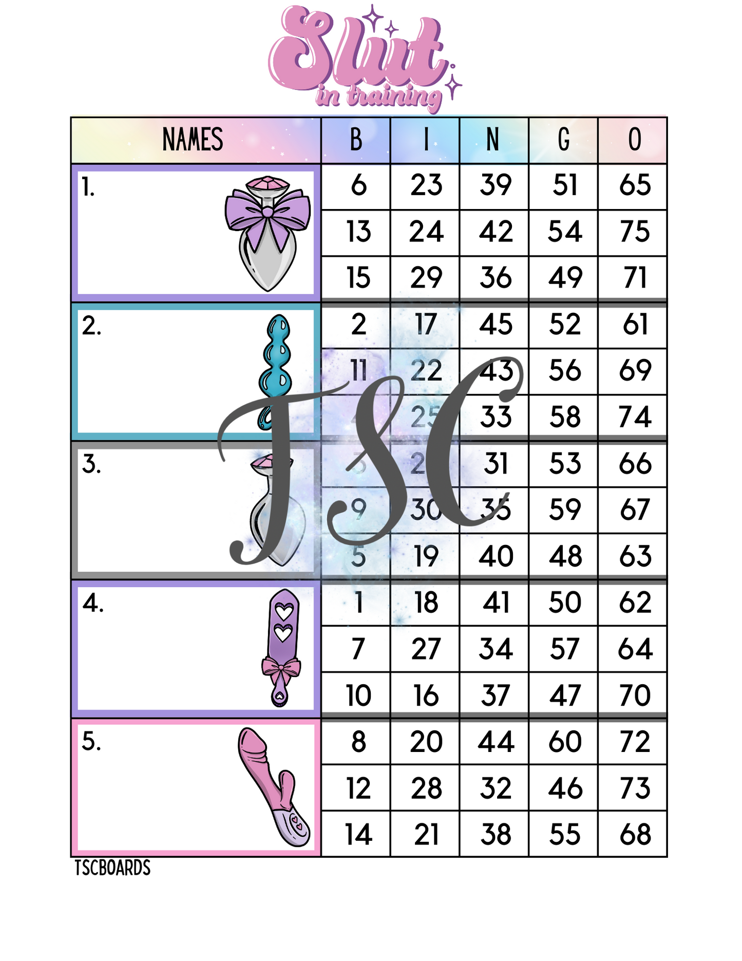 Slut In Training Block Bingo Board 1-75 Ball