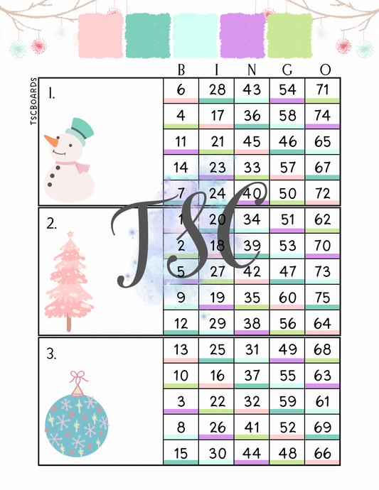 Pastel Christmas Mega Rainbow Block Bingo Board 1-75 Ball