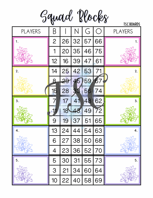 Flower Squad Blocks Bingo Board 1-75 Ball